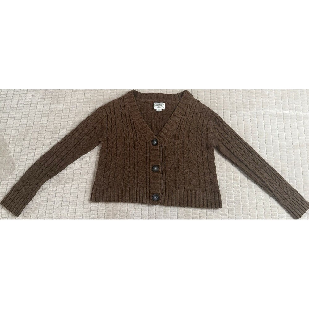 American Eagle Brown Cable Knit Cardigan Womens S Cropped V Neck Button Sweater